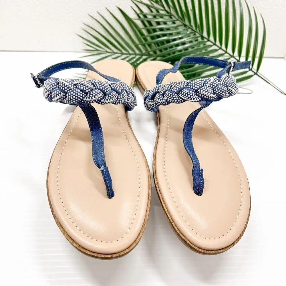 Draper James Blue Julianna Braided Embellished T-Strap Flat Sandals Size 10